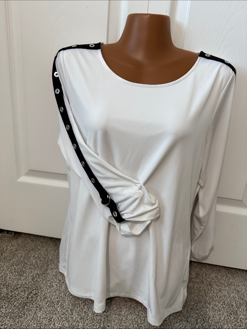 Calvin Klein White Long Sleeve Top with Black Grommet Trim